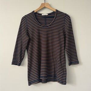 R.M. Williams Ribbed Dark Blue and Brown Striped 3/4 Sleeve Scoop neck Top